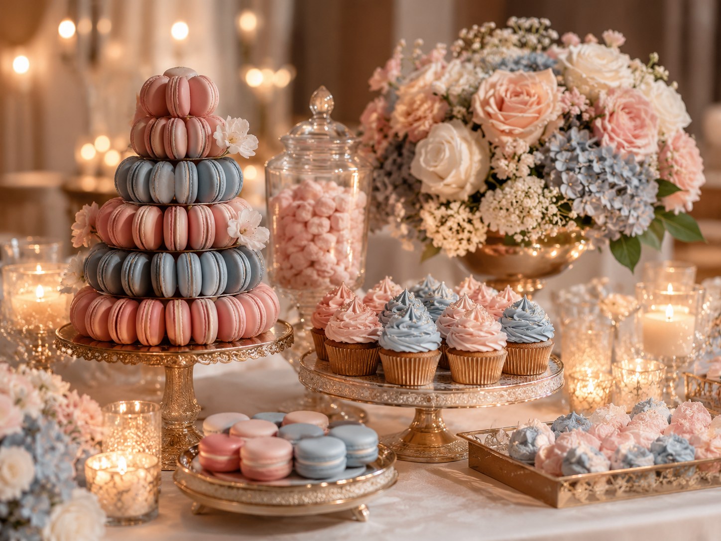 Pastel dessert table for gender reveal