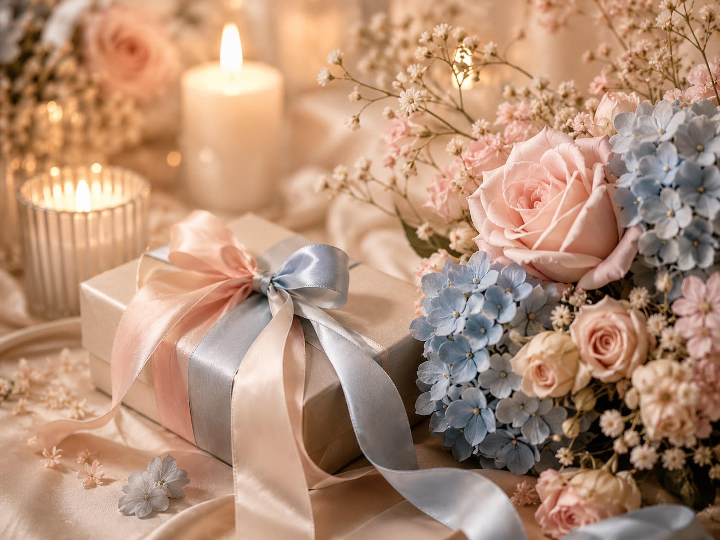 Soft floral arrangement and candles