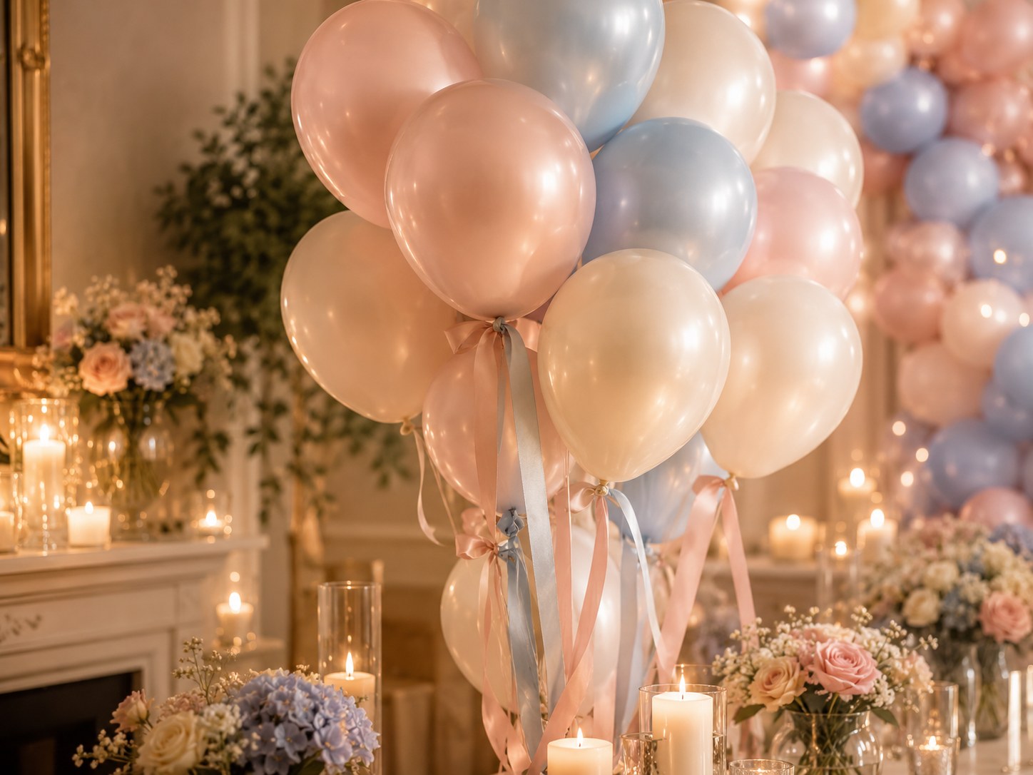 Pastel balloons and gender reveal decor